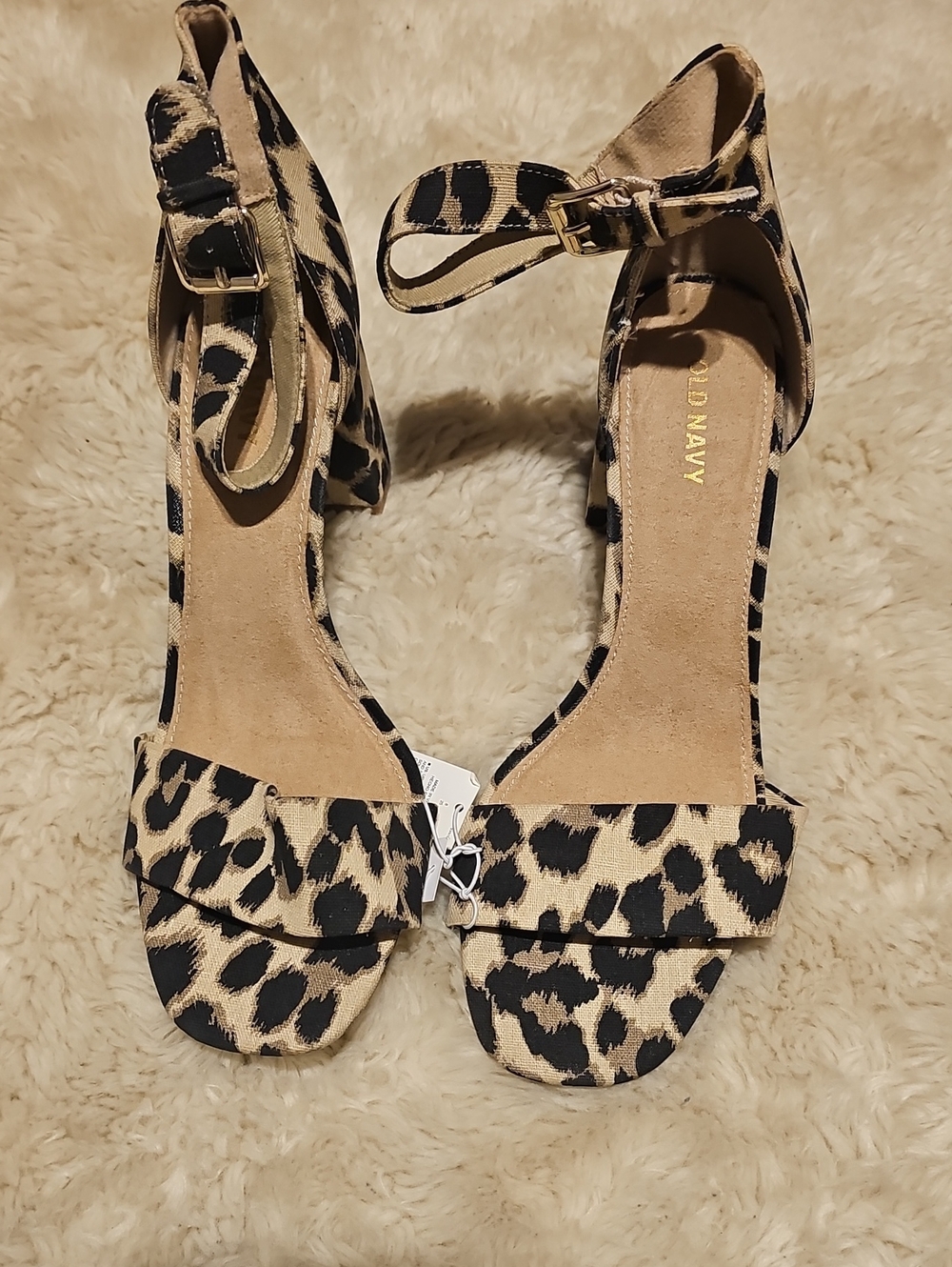 Old Navy Leopard-Print Ankle Strap Block Heels in Tan and Black